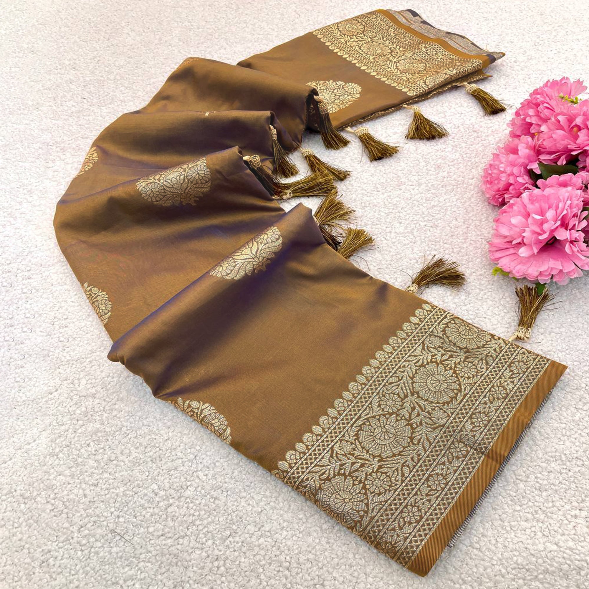 Beige Pure Banarasi Silk Saree Adorned with Intricate Zari Butti Woven Detailing