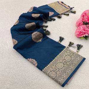 Blue Pure Banarasi Silk Saree Adorned with Intricate Zari Butti Woven Detailing