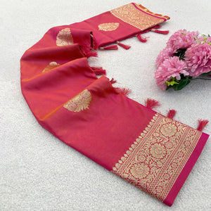 Peach Pure Banarasi Silk Saree Adorned with Intricate Zari Butti Woven Detailing