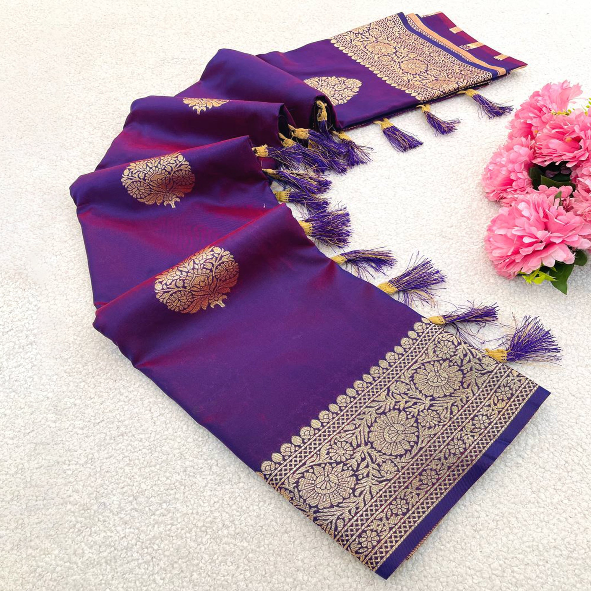 Violet Pure Banarasi Silk Saree Adorned with Intricate Zari Butti Woven Detailing