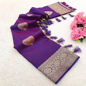 Violet Pure Banarasi Silk Saree Adorned with Intricate Zari Butti Woven Detailing