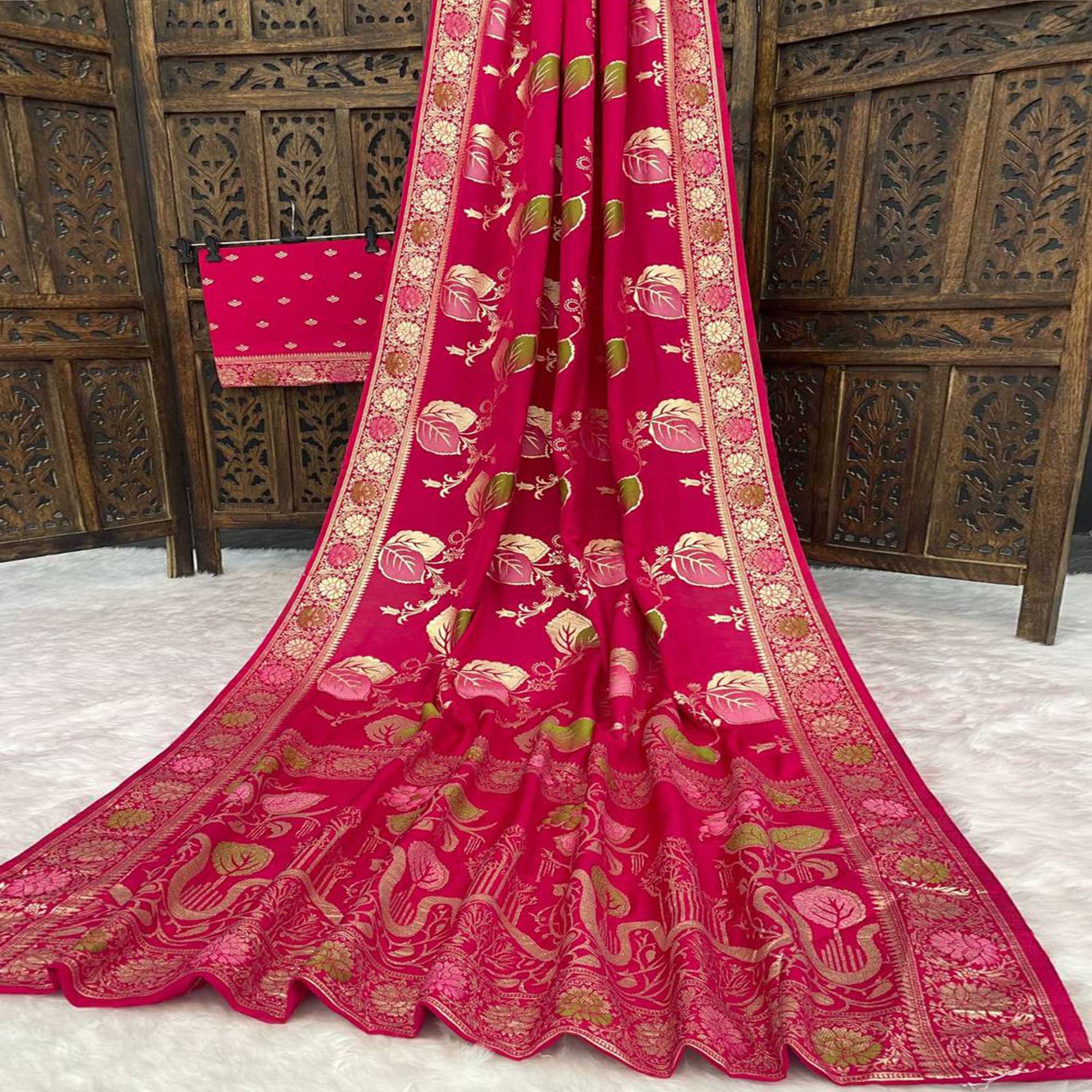Dark Pink Soft Dola Silk Saree Adorned with Intricate Meenakari-Style Weaving