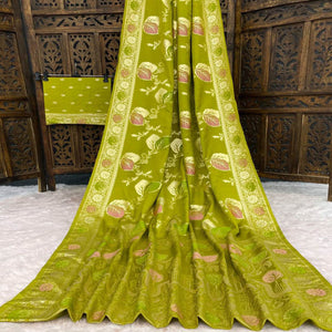 Olive Soft Dola Silk Saree Adorned with Intricate Meenakari-Style Weaving