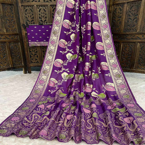Purple Soft Dola Silk Saree Adorned with Intricate Meenakari-Style Weaving
