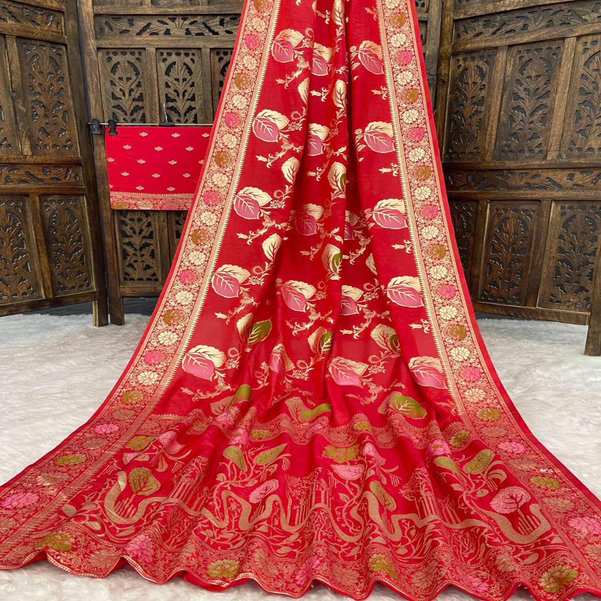 Red Soft Dola Silk Saree Adorned with Intricate Meenakari-Style Weaving