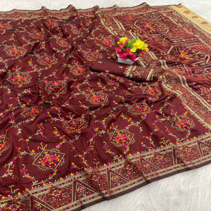 Brown Traditional Rajwadi Weaving Pashmina Silk Saree With Kashmiri Pallu & Elegant Zari Border