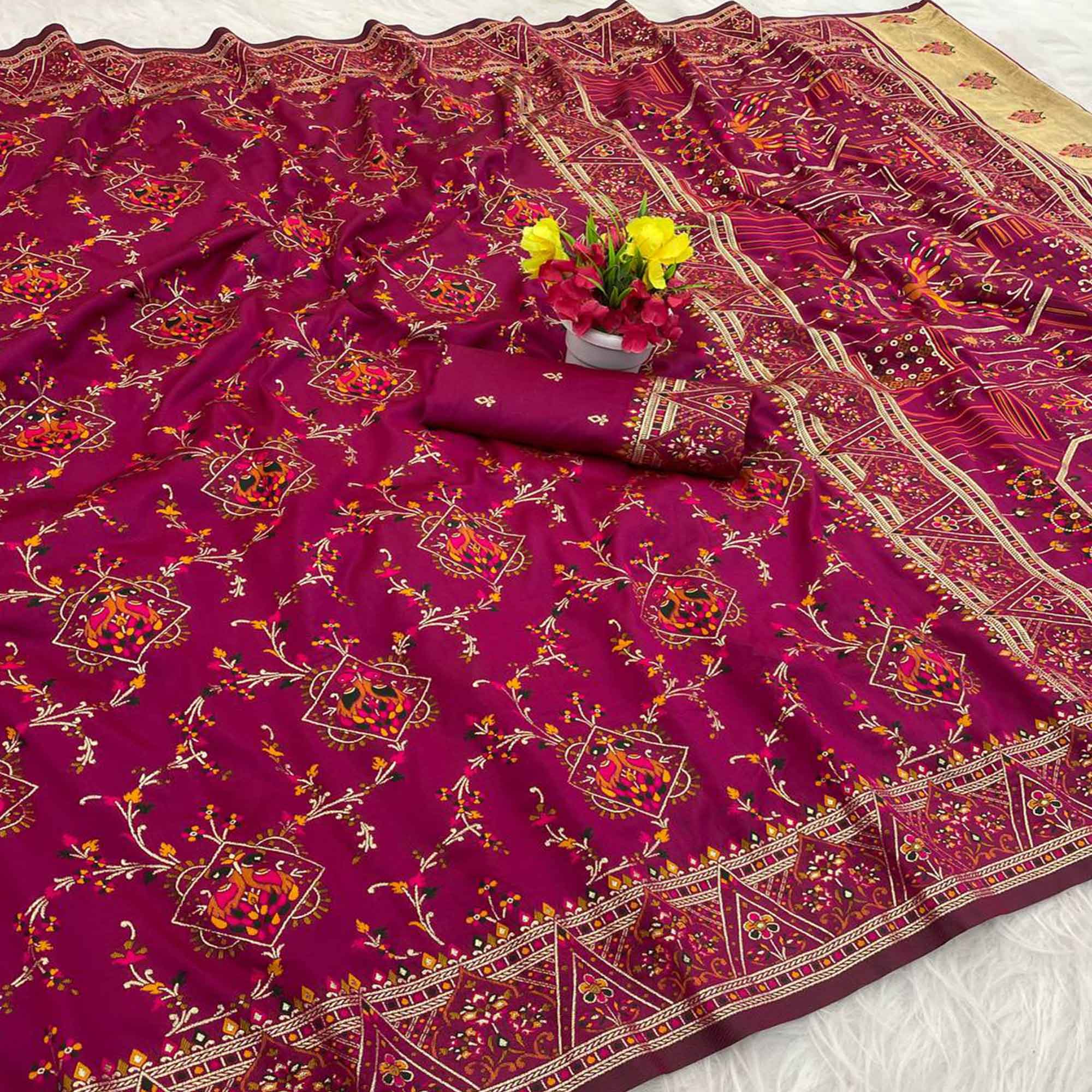 Pink Traditional Rajwadi Weaving Pashmina Silk Saree With Kashmiri Pallu & Elegant Zari Border