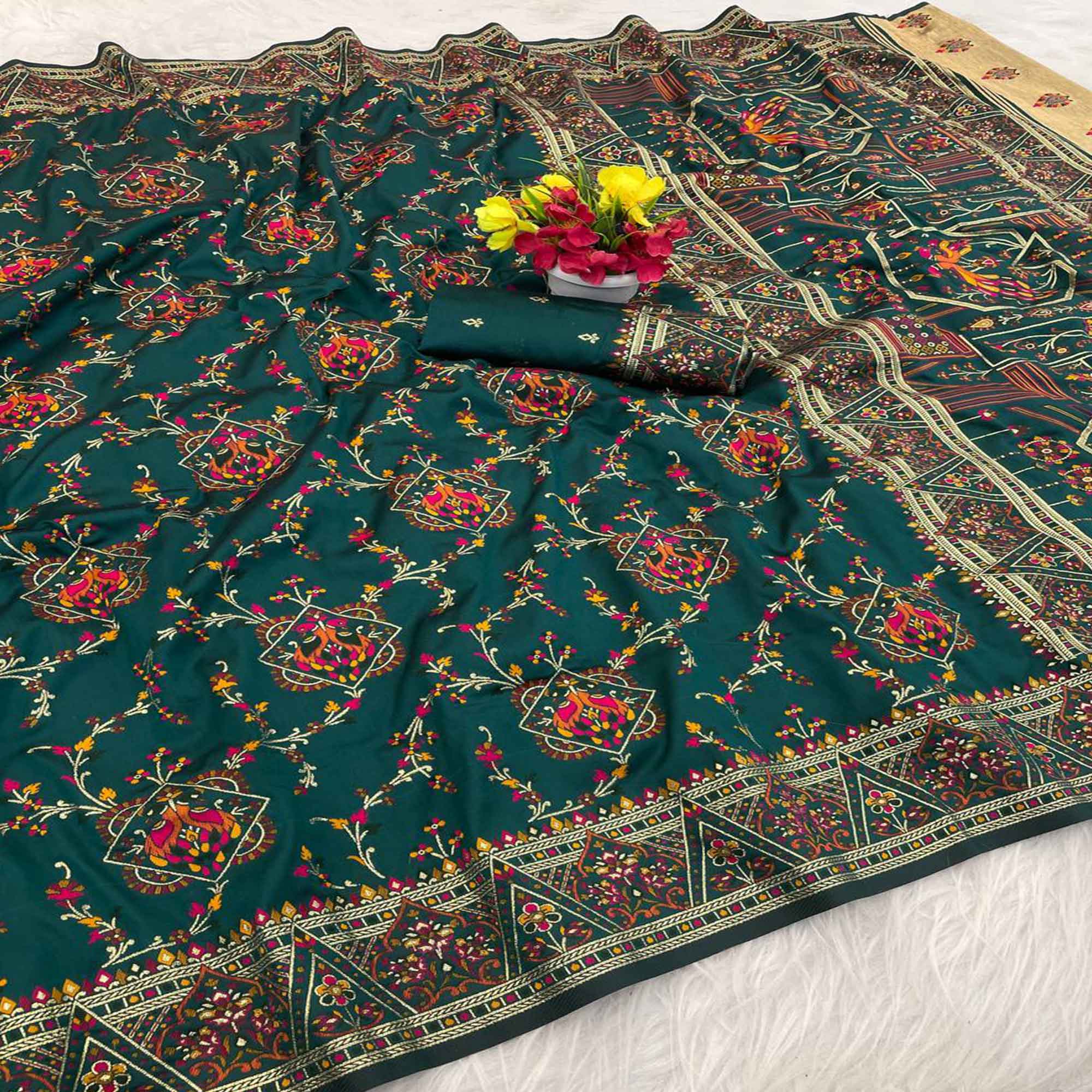 Teal Traditional Rajwadi Weaving Pashmina Silk Saree With Kashmiri Pallu & Elegant Zari Border