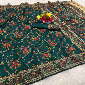 Teal Traditional Rajwadi Weaving Pashmina Silk Saree With Kashmiri Pallu & Elegant Zari Border