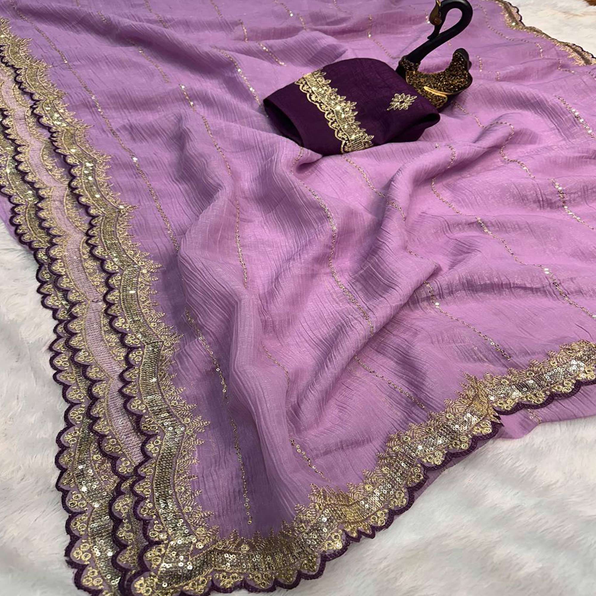 Purple Sequins Embroidered Tussar silk Saree