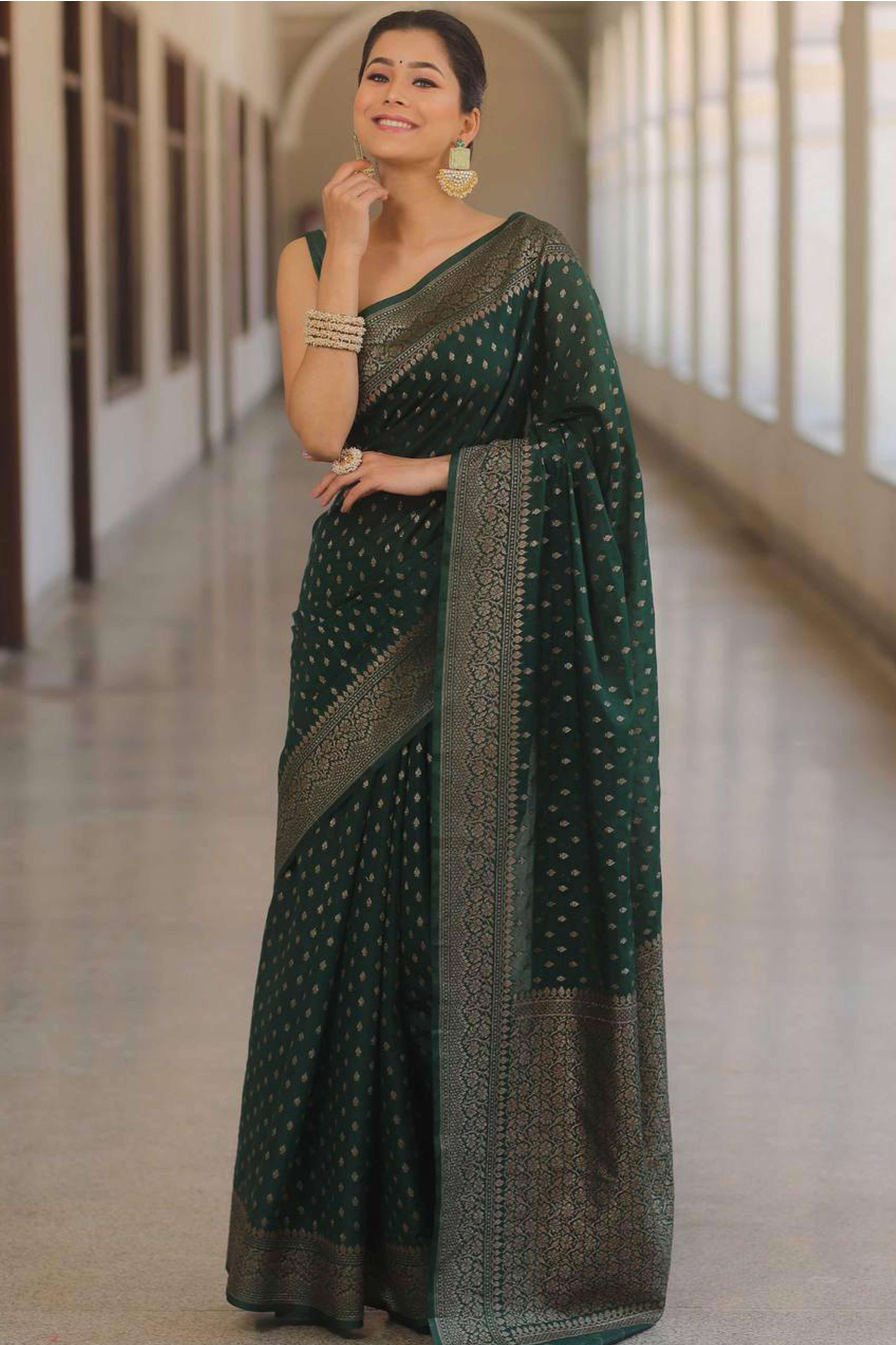 Green Floral Woven Lichi Banarasi Silk Saree