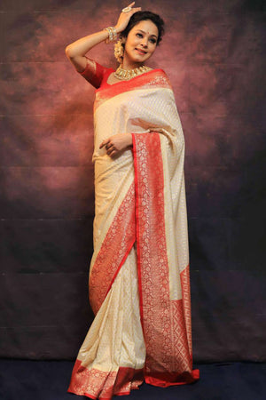 Cream & Red Woven Lichi Banarasi Silk Saree