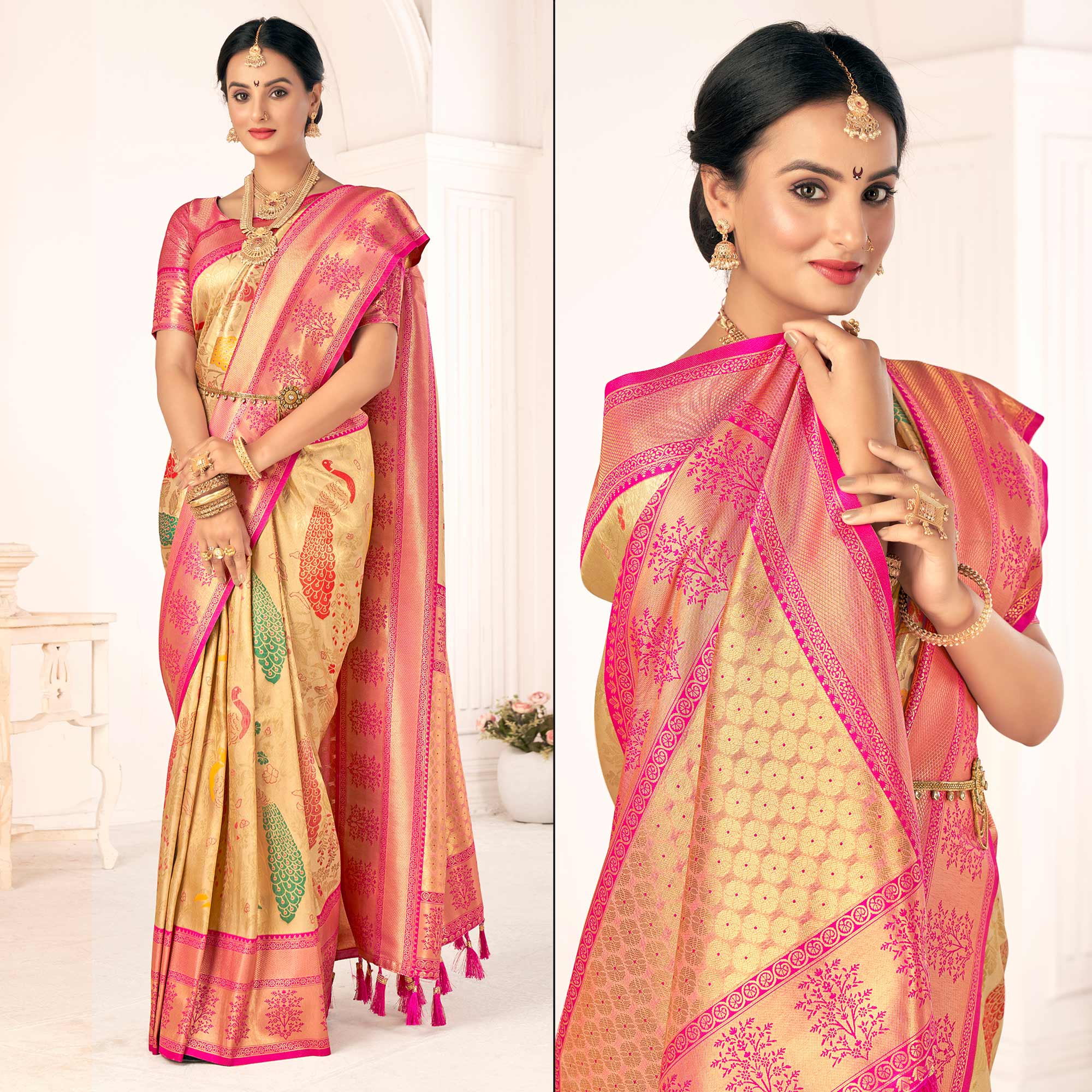 Beige Woven Pure Silk Saree With Tassels