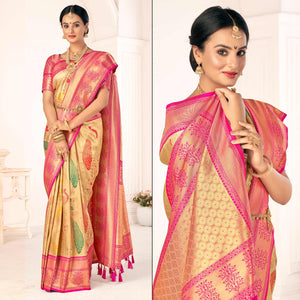 Beige Woven Pure Silk Saree With Tassels