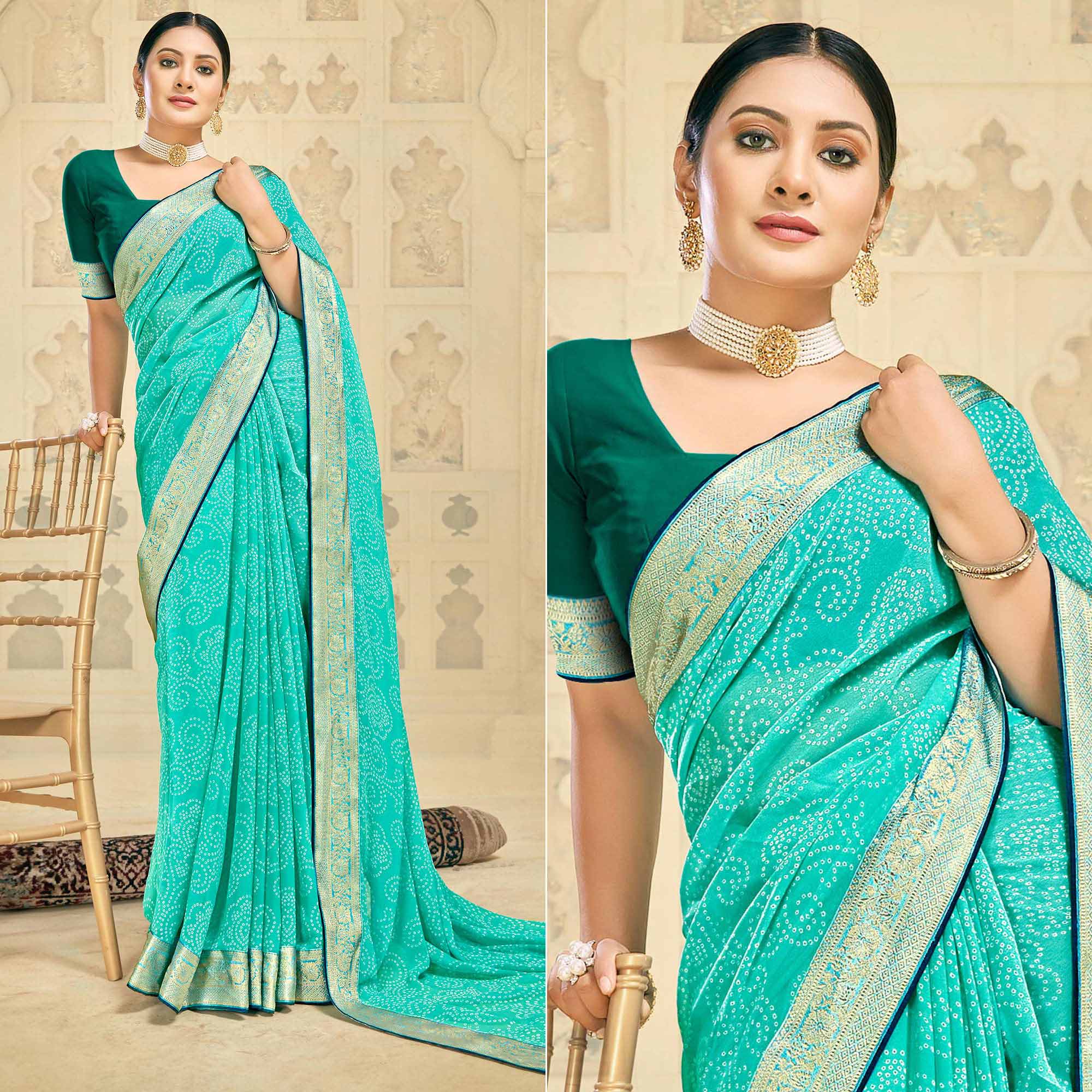 Turquoise Bandhani Printed Georgette Saree