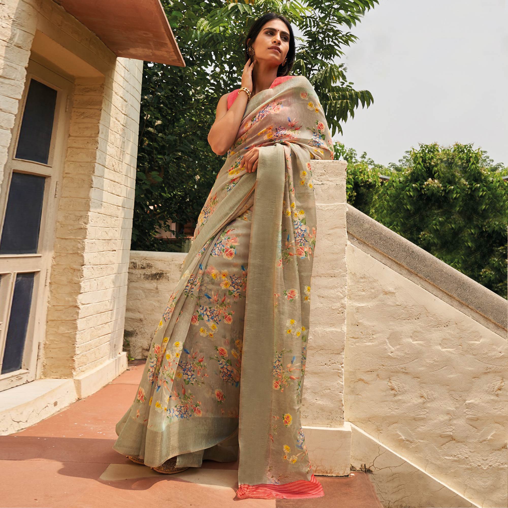 Beige Floral Printed Cotton Saree