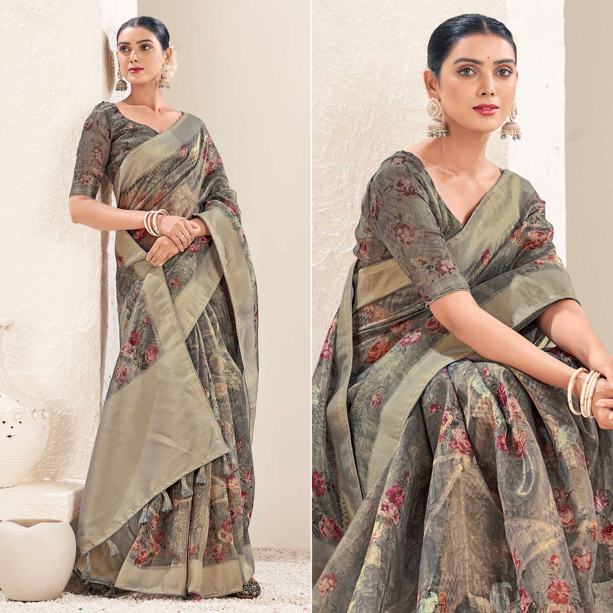 Grey Floral Digital Printed Tissue Saree With Tassels