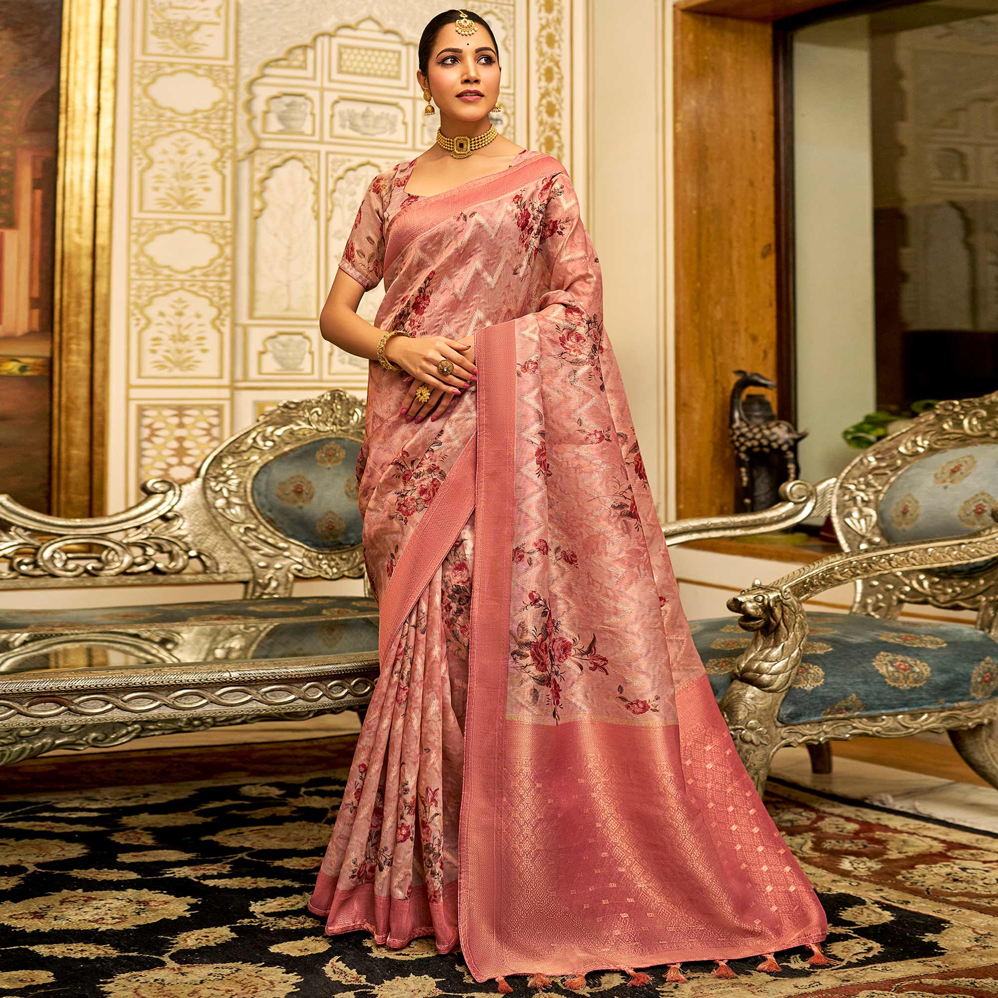 Peach Floral Digital Printed Tissue Saree With Tassels