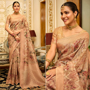 Beige Floral Digital Printed Tissue Saree With Tassels