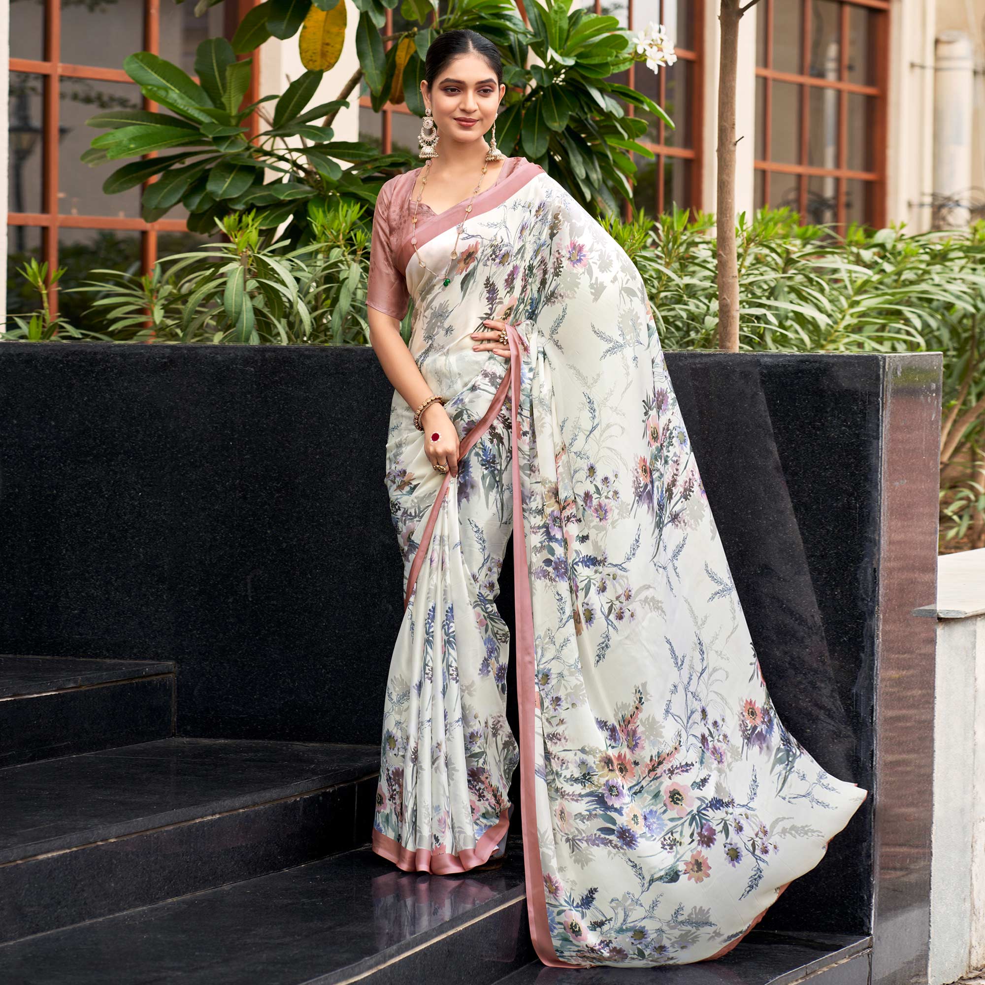 White Floral Digital Printed Satin Saree