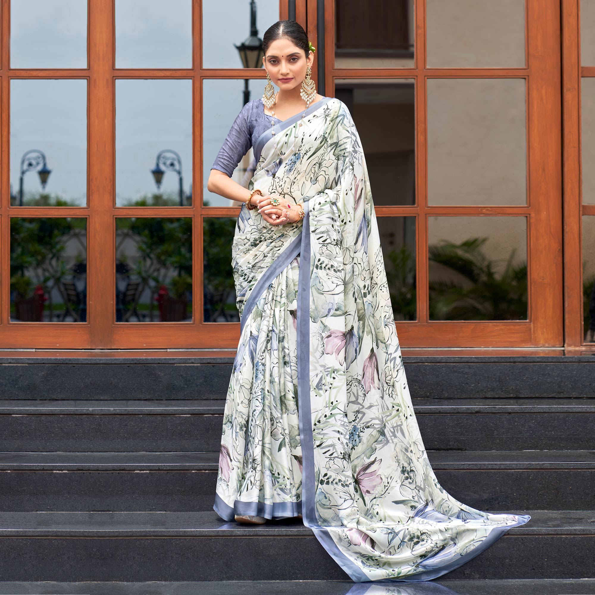 White Floral Digital Printed Satin Saree