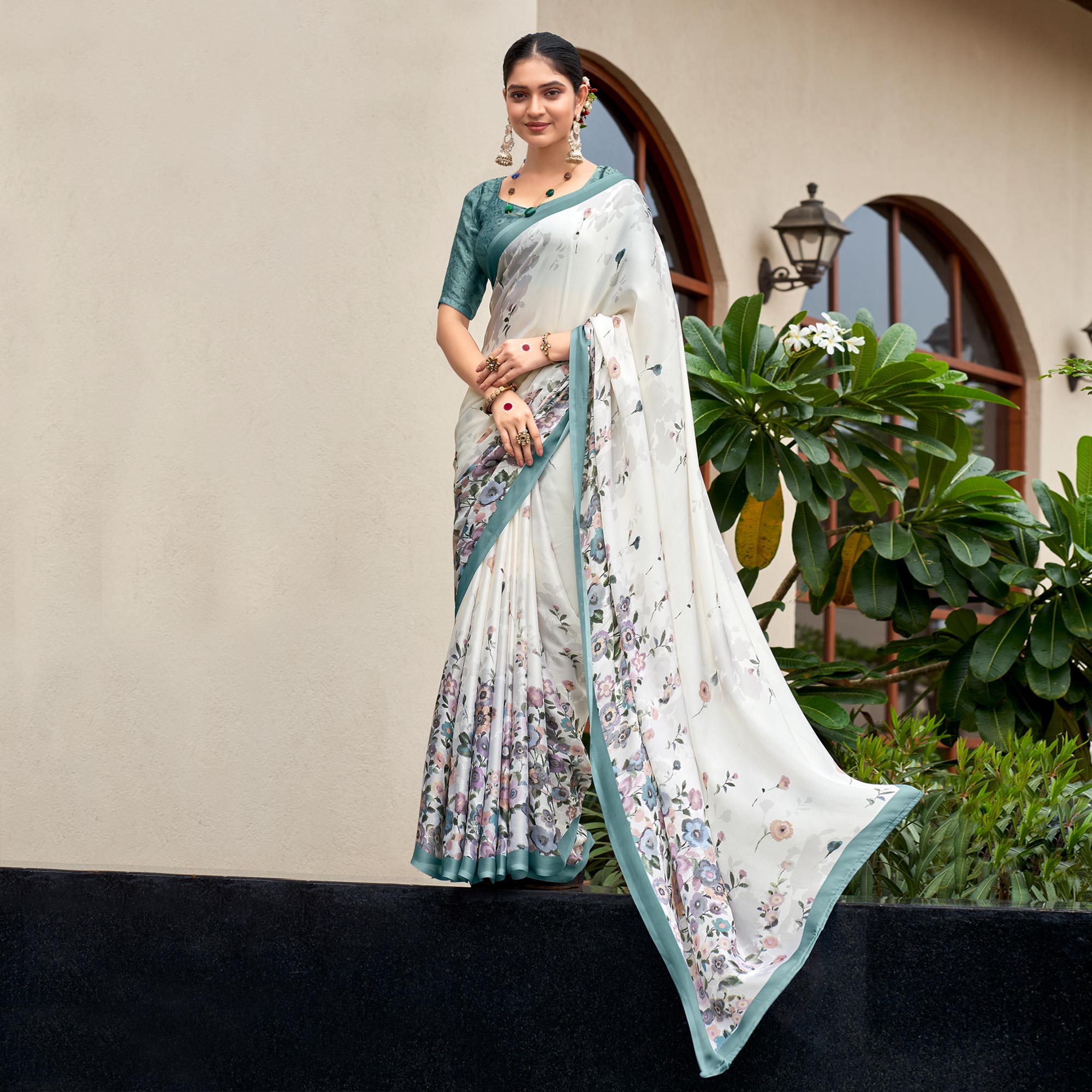 White Floral Digital Printed Satin Saree