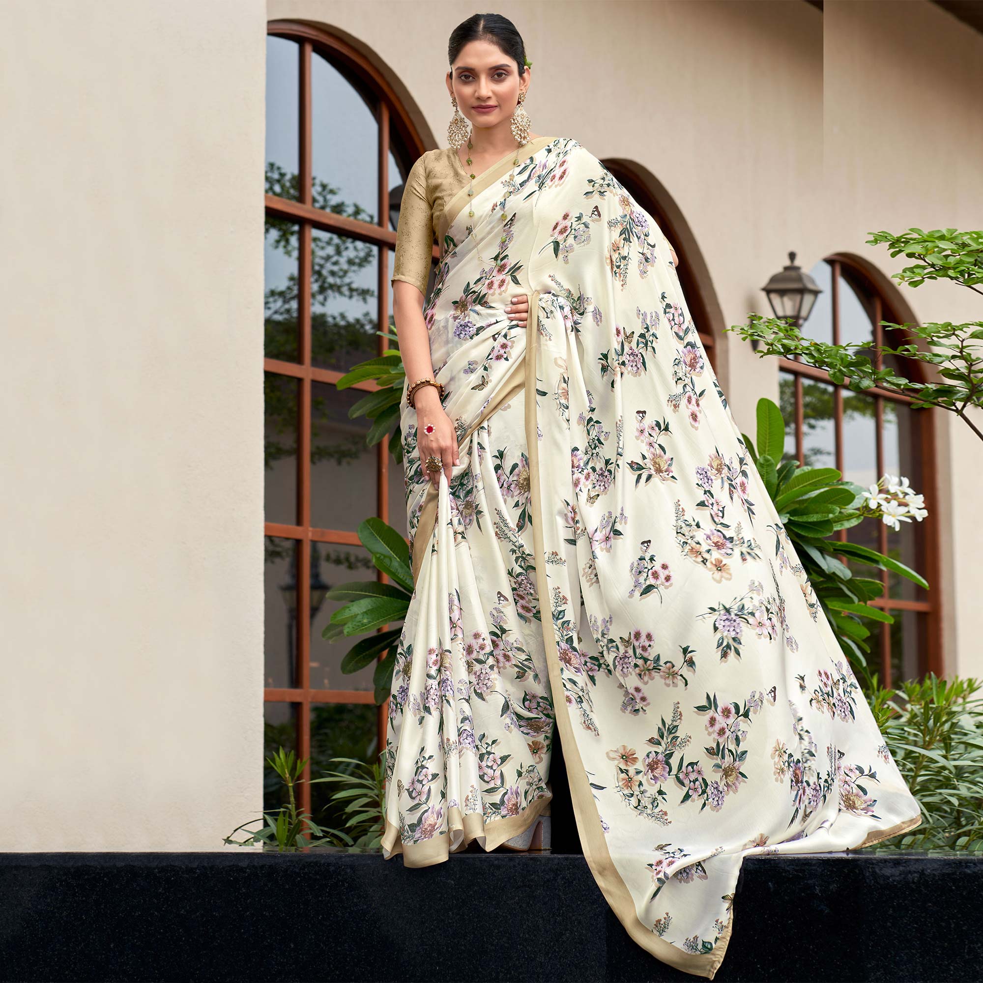 White Floral Digital Printed Satin Saree