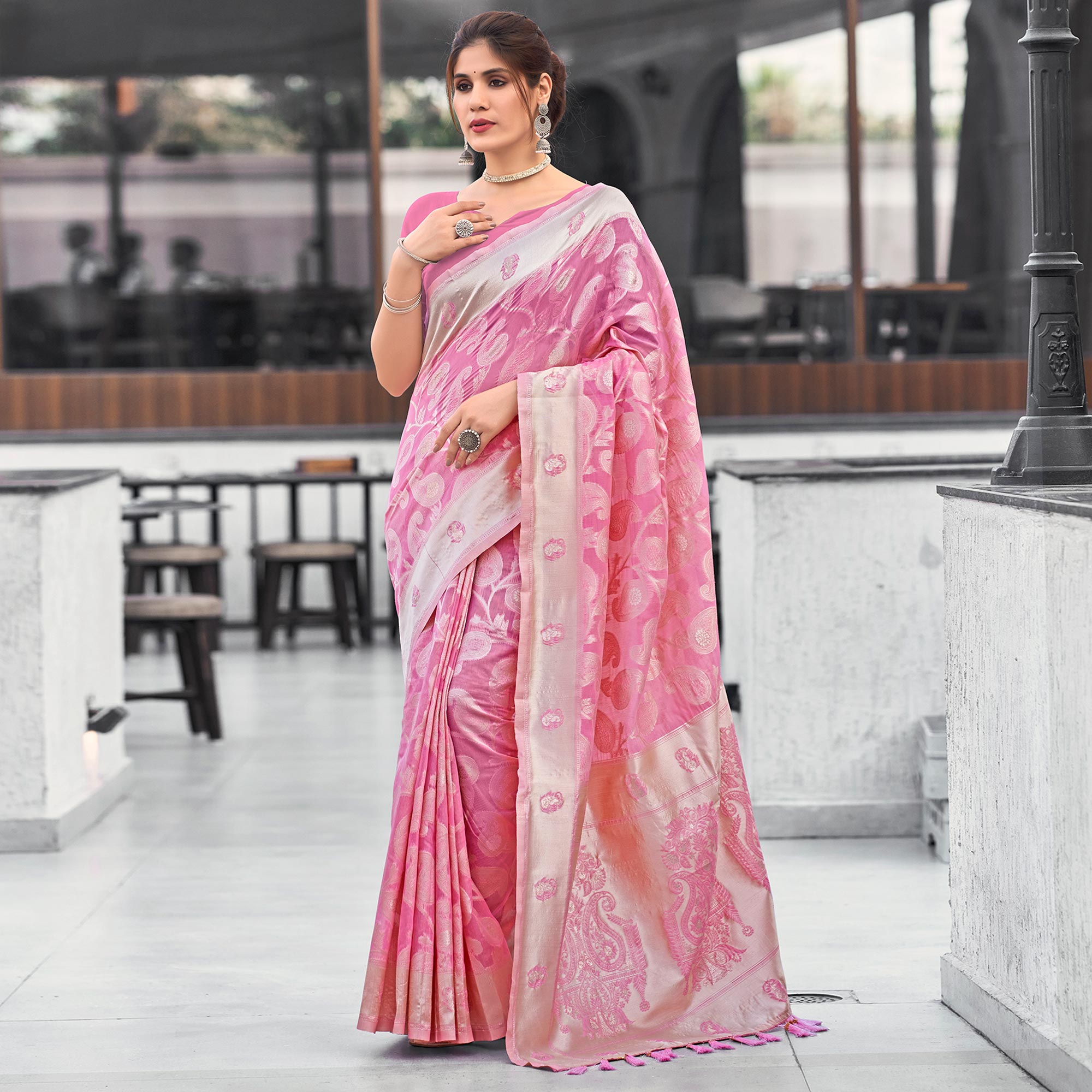 Pink Woven Cotton Silk Saree With Tassels