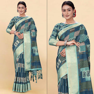 Blue Digital Printed Pure Cotton Saree