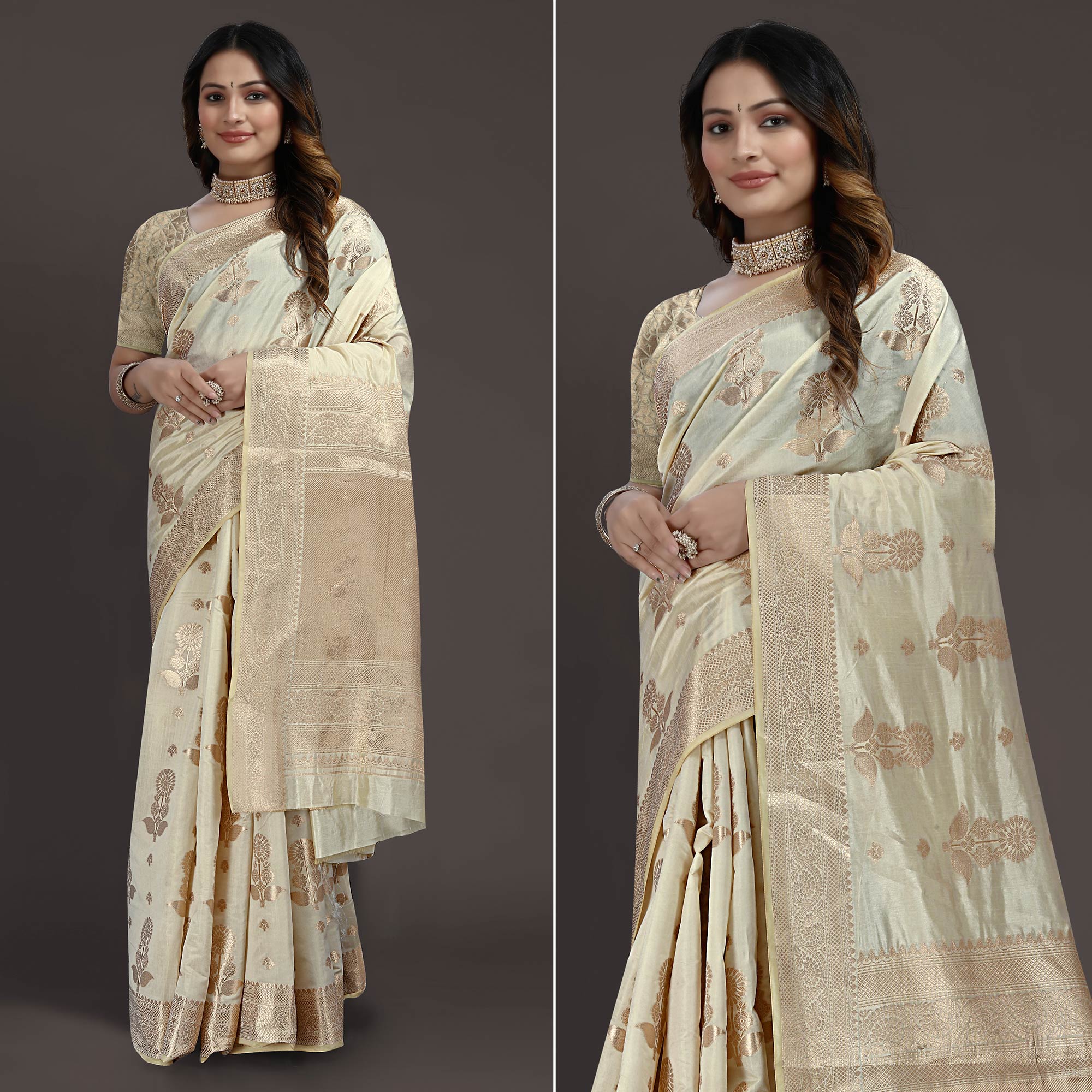 Cream Floral Woven Raw Silk Saree