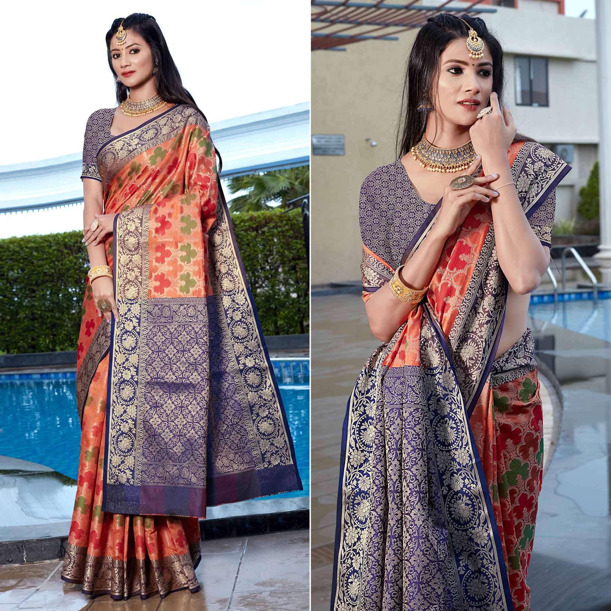 Peach Floral Woven Art Silk Saree