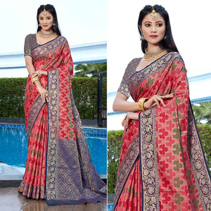 Gajari Pink Floral Woven Art Silk Saree