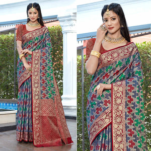 Blue Floral Woven Art Silk Saree