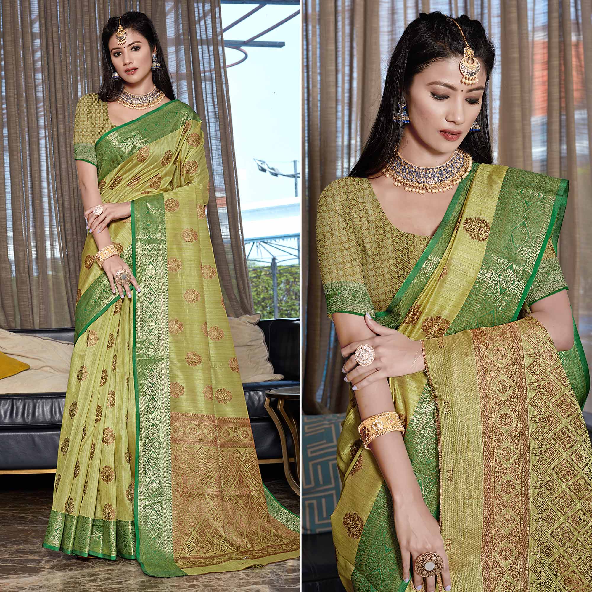 Green Floral Woven Cotton Blend Saree