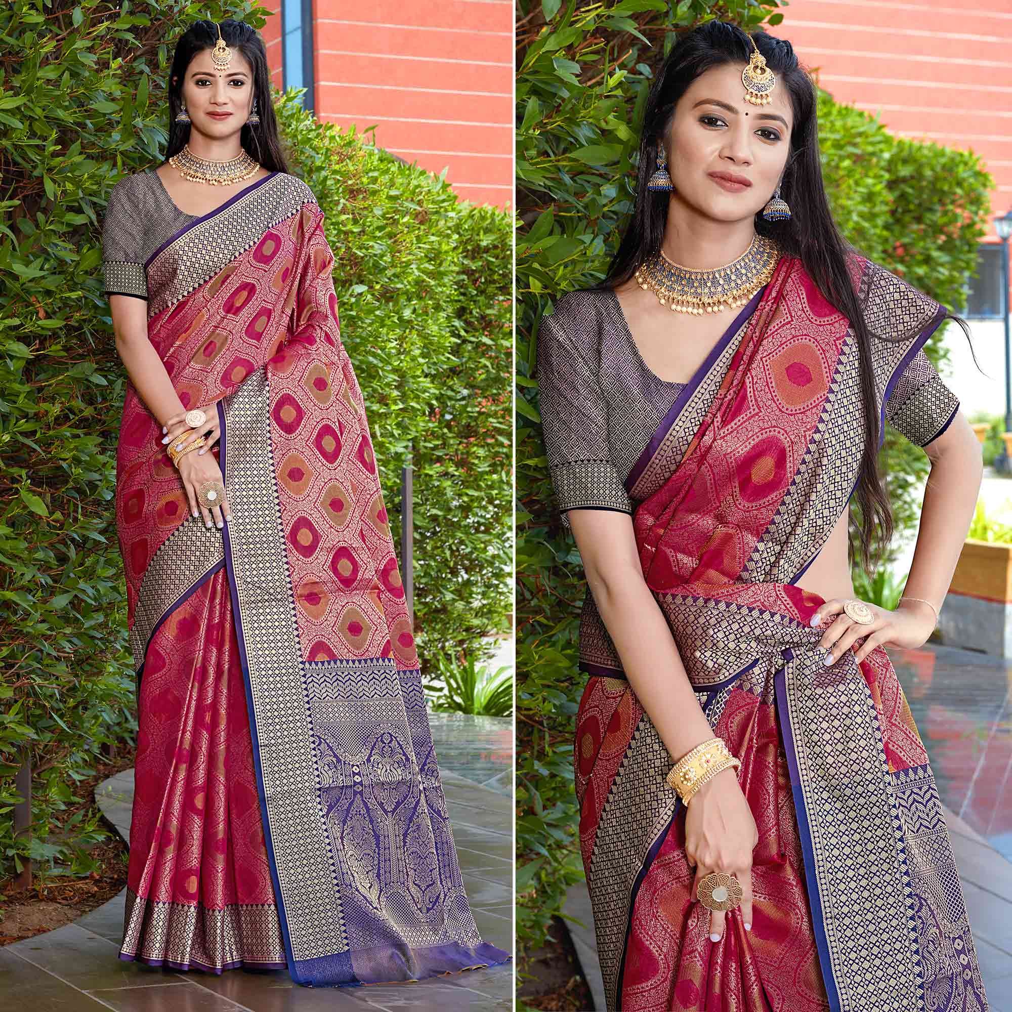 Pink woven art silk saree with blouse with belt