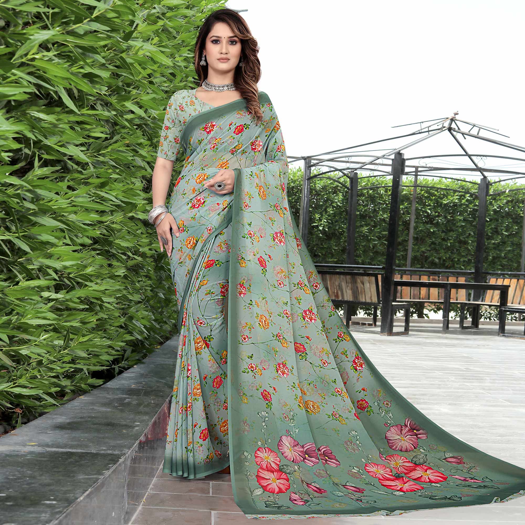 Teal Grey Floral Digital Printed Georgette Saree