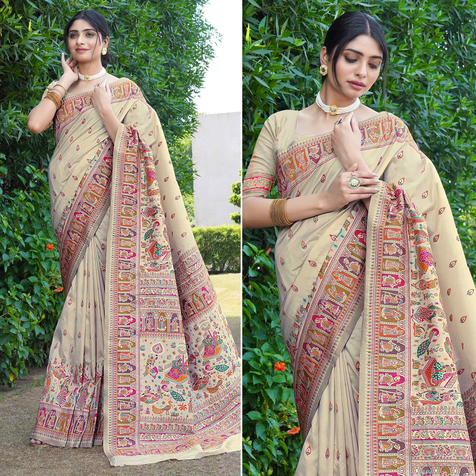 Cream Woven Pure Silk Saree