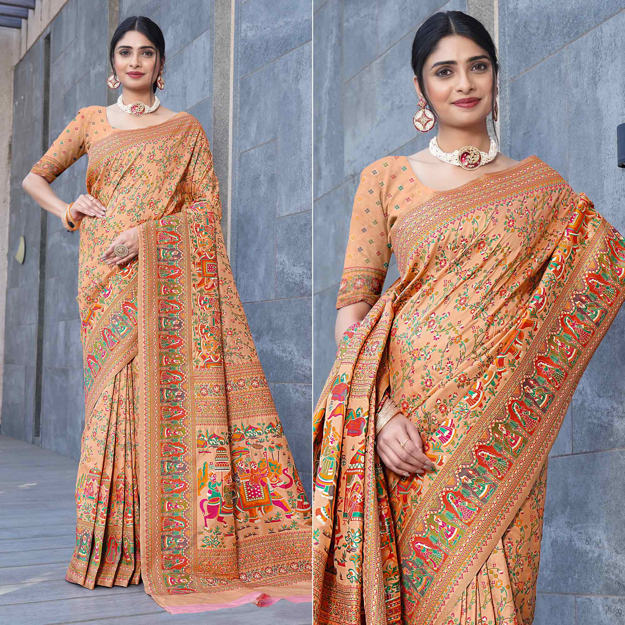 Peach Floral Purple Woven Pure Silk Saree