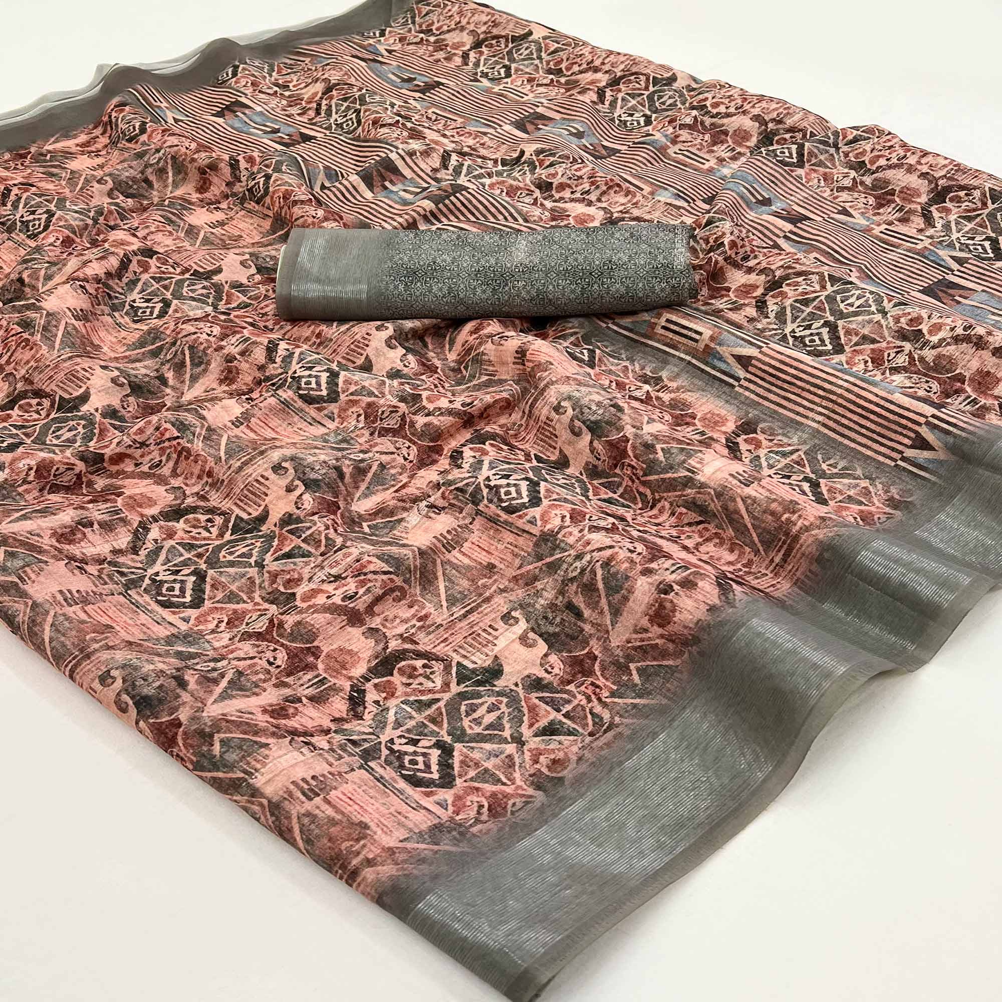 Peach & Green Digital Printed Cotton Blend Saree