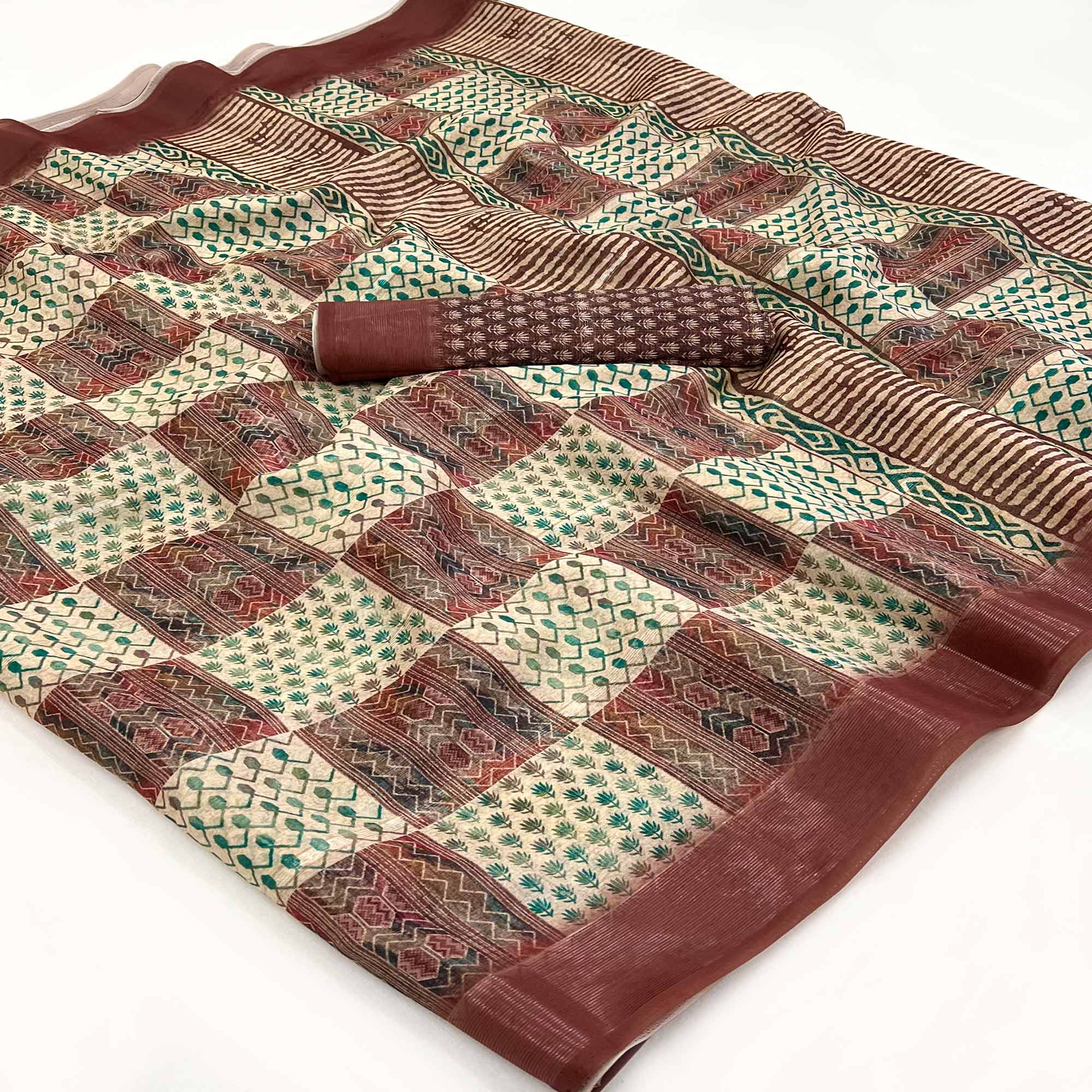 Cream & Brown Digital Printed Cotton Blend Saree
