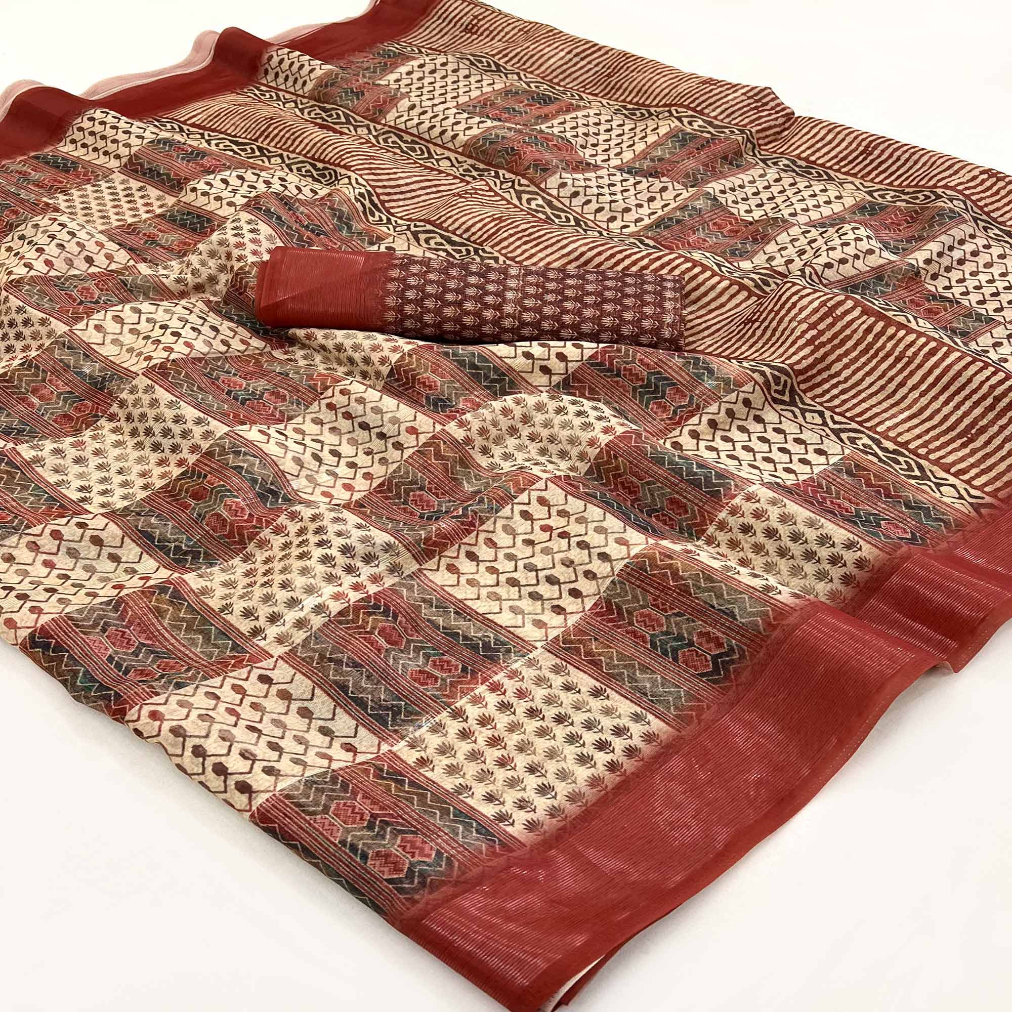 Cream & Rust Digital Printed Cotton Blend Saree