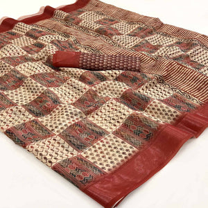 Cream & Rust Digital Printed Cotton Blend Saree