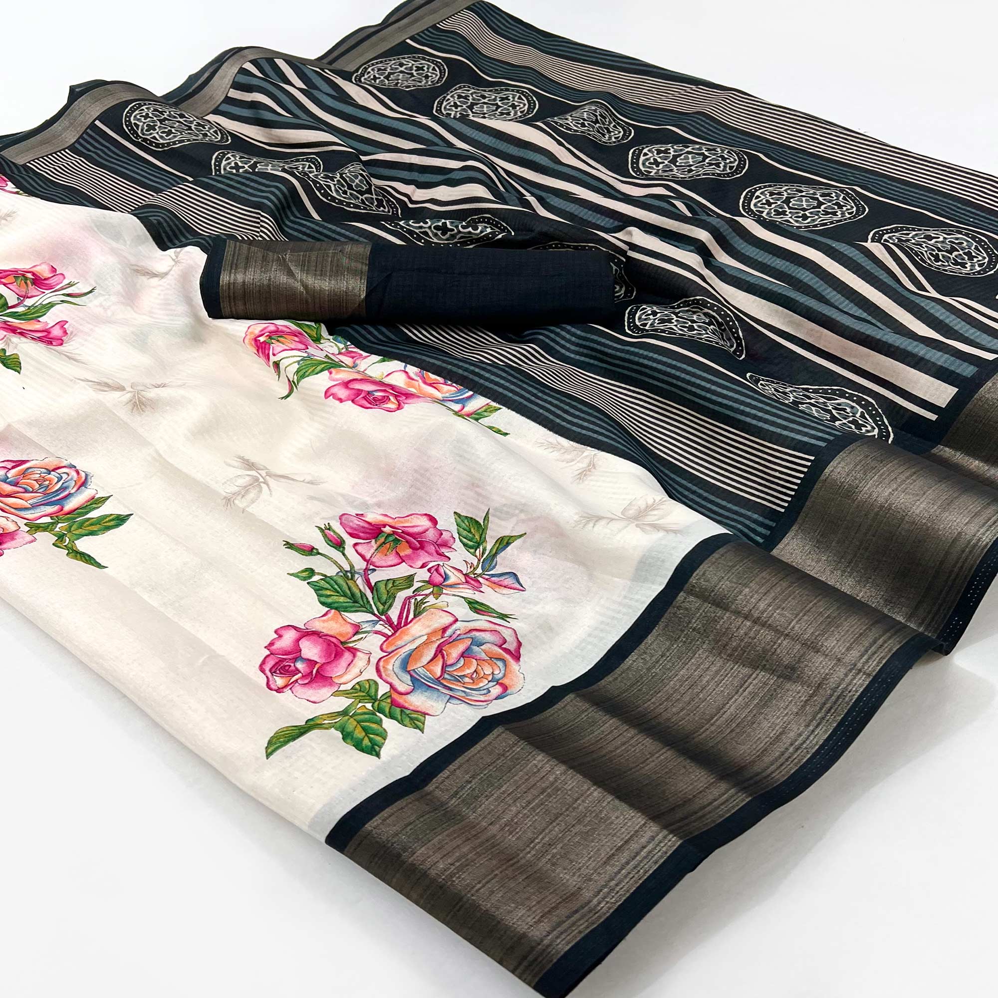 White Floral Digital Printed Cotton Blend Saree