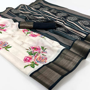 White Floral Digital Printed Cotton Blend Saree
