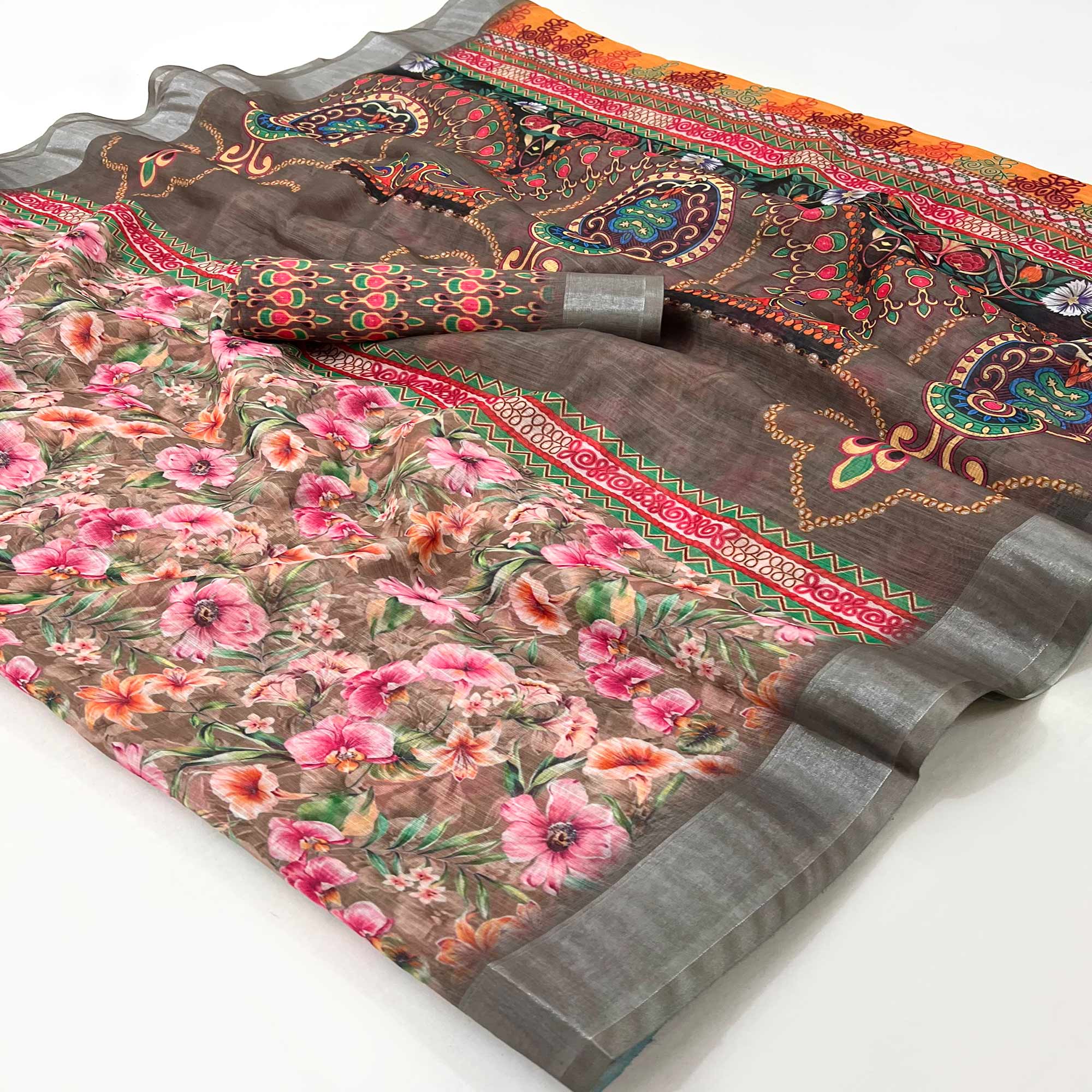 Brown Floral Digital Printed Linen Saree