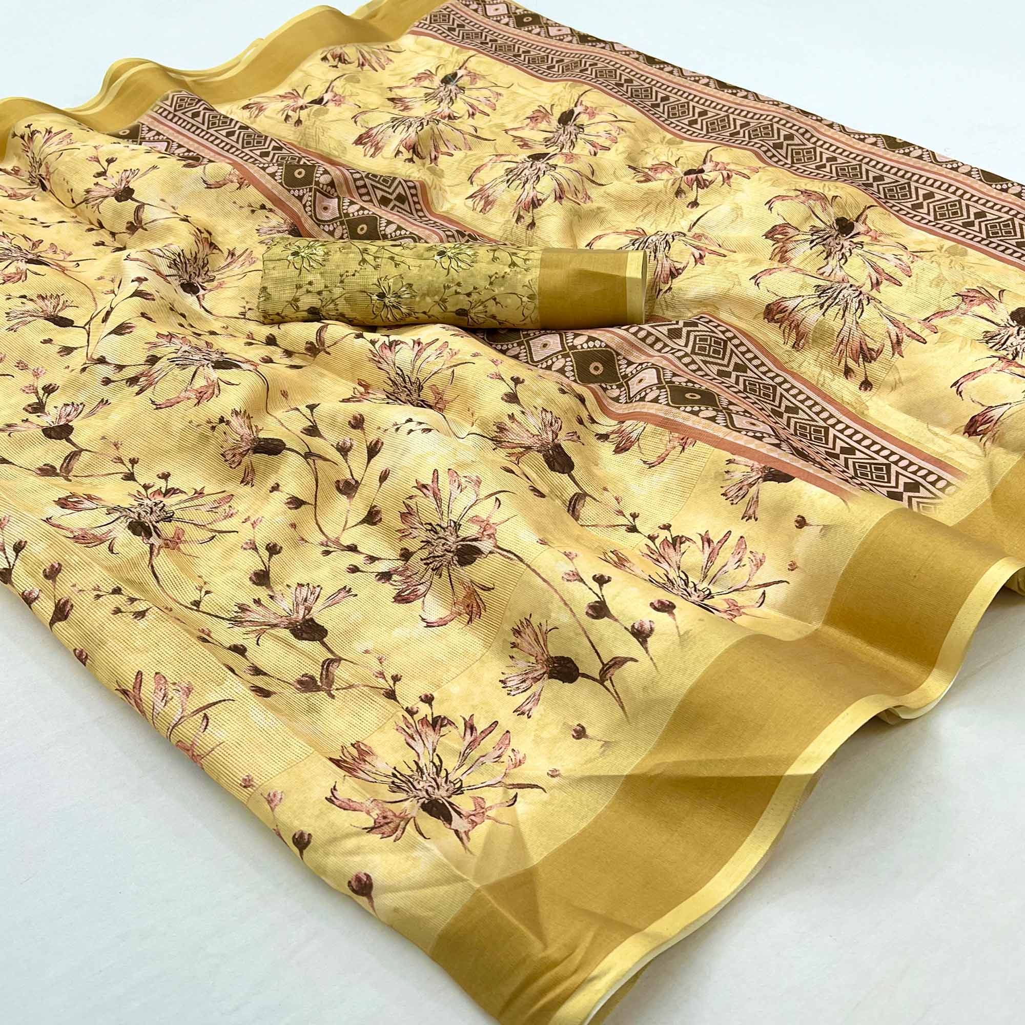 Yellow Floral Digital Printed Cotton Blend Saree