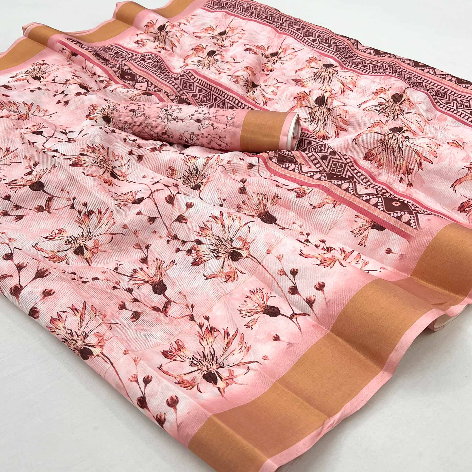 Pink Floral Digital Printed Cotton Blend Saree