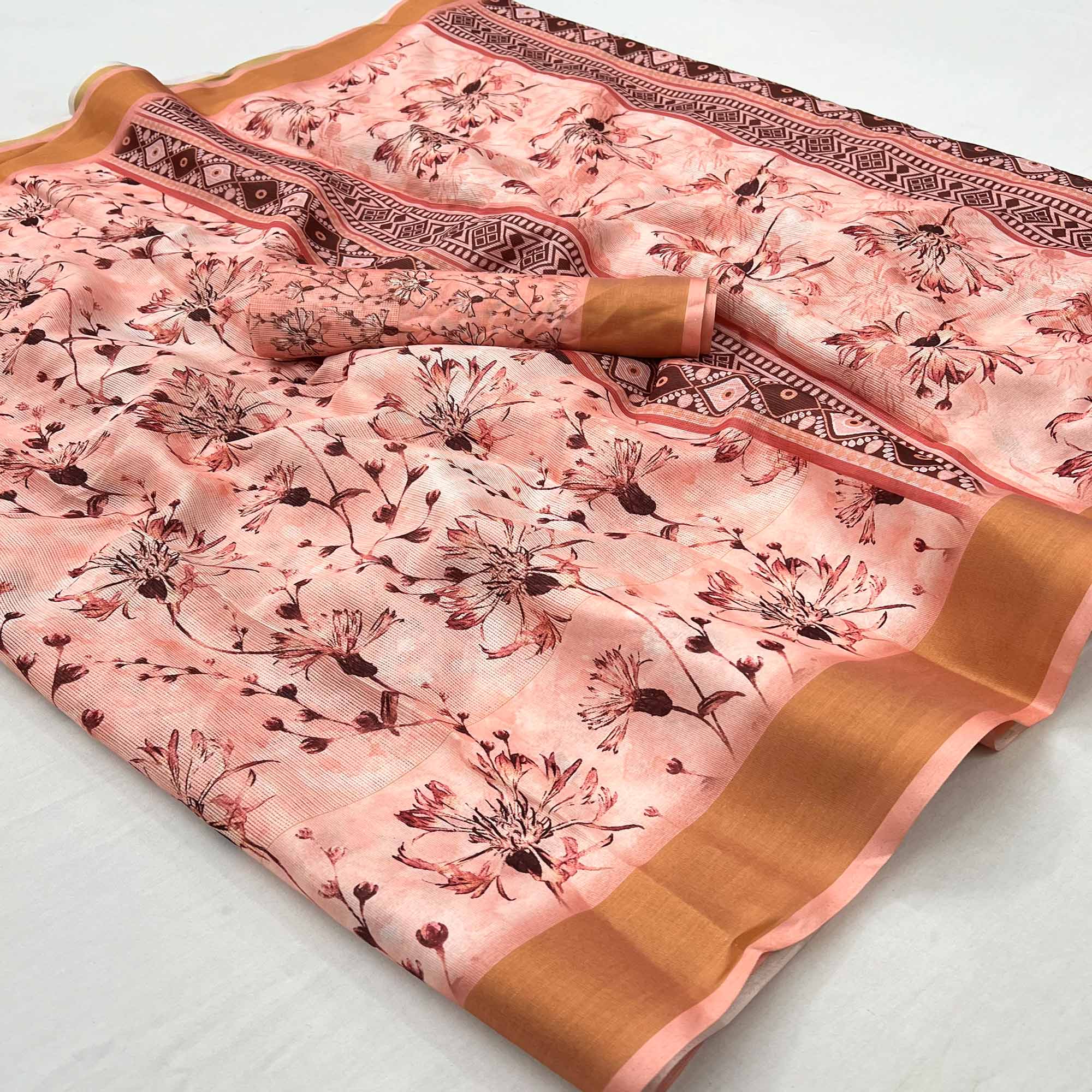 Peach Floral Digital Printed Cotton Blend Saree
