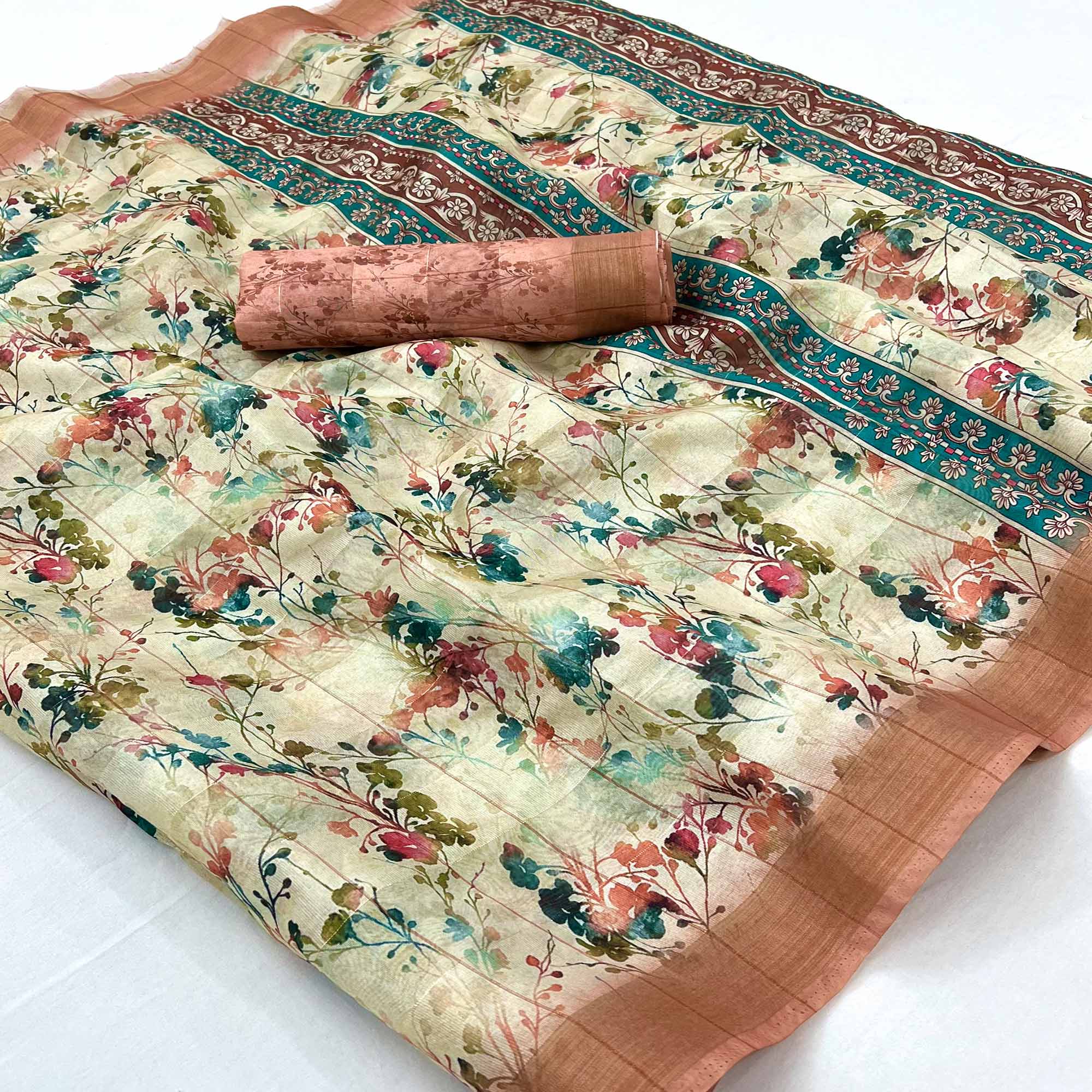 Cream & Peach Floral Digital Printed Cotton Blend Saree