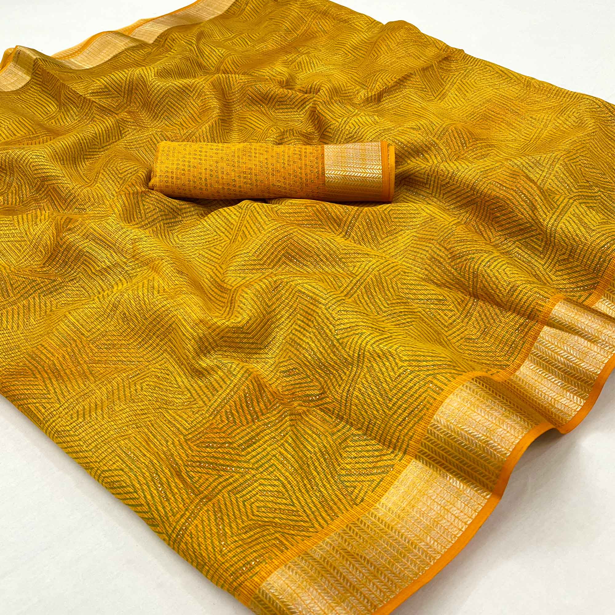 Mustard Foil Printed Kota Doria Saree